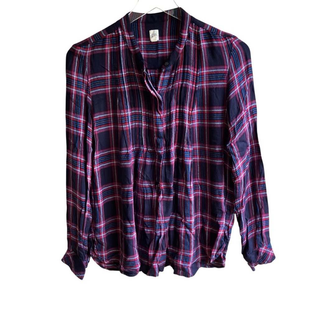 Gap Pintuck Button Down Plaid Shirt Size S Navy Flannel Popover Top GORPCORE